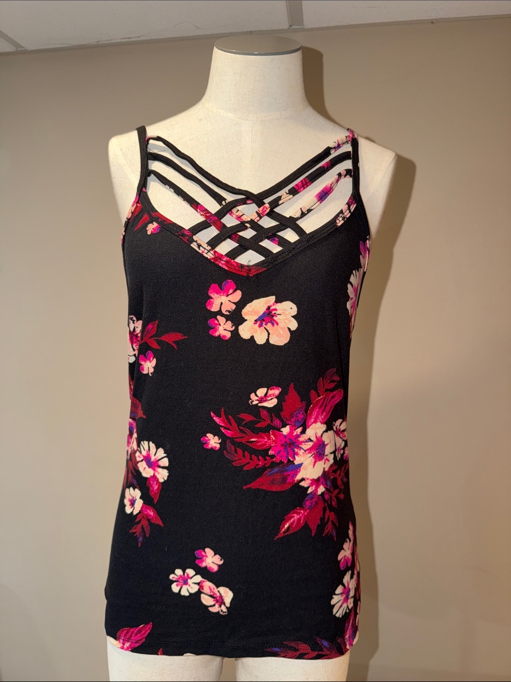 Hot Kiss Black Floral Lattice-Strap Cami - Pink & Cream Accents